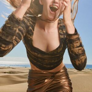 Zara CORSETRY TULLE CROP TOP Black Tan Long Sleeve Mesh Cropped Top Small NWT